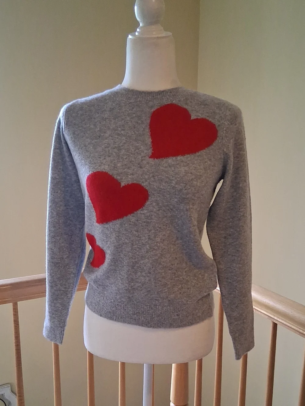 LOFT Grey Crewneck Sweater with Red Heart Appliqués - Picture 2 of 8